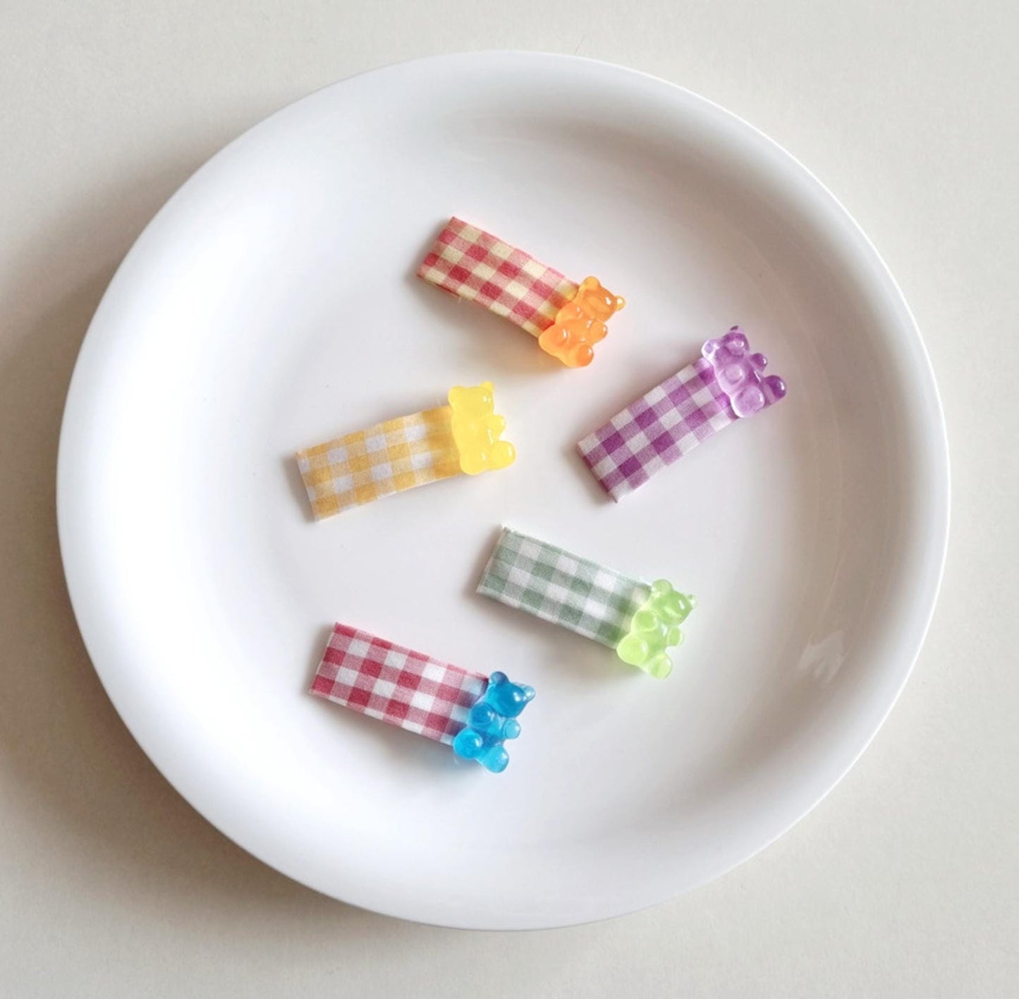 Jelly Gummy Bear Mini Hair Snap Clip 5-Piece Set Handmade in Korea checkered fabric mom and girl look school daily [with Pinkluvme]