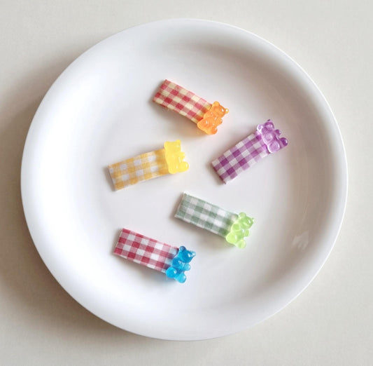 Jelly Gummy Bear Mini Hair Snap Clip 5-Piece Set Handmade in Korea checkered fabric mom and girl look school daily [with Pinkluvme]