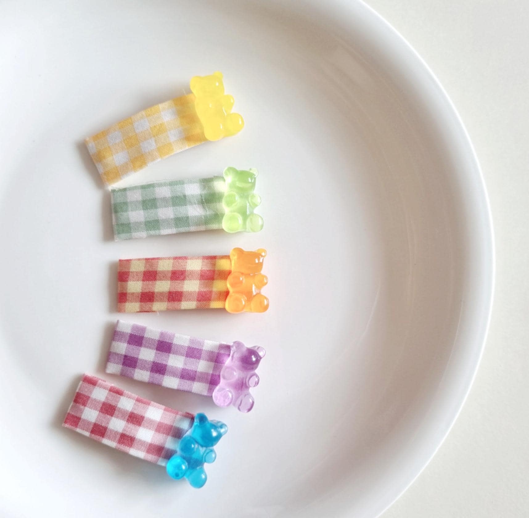 Jelly Gummy Bear Mini Hair Snap Clip 5-Piece Set Handmade in Korea checkered fabric mom and girl look school daily [with Pinkluvme]