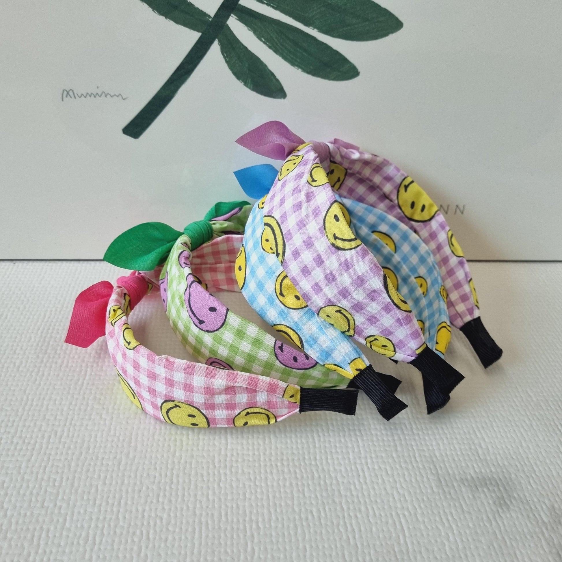 Smiley Gingham Knot Headband pink blue green purple Korean checkered solid ribbon retro free smiley hair tie mom and girl [with Pinkluvme]