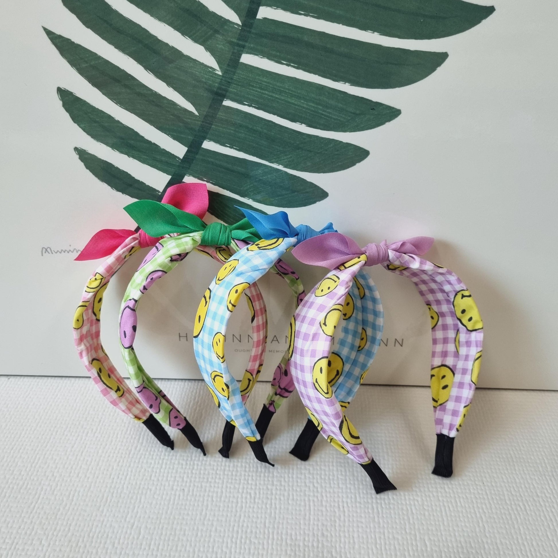 Smiley Gingham Knot Headband pink blue green purple Korean checkered solid ribbon retro free smiley hair tie mom and girl [with Pinkluvme]