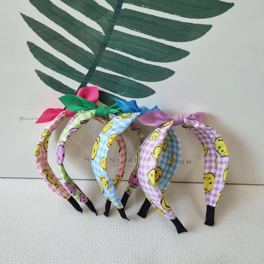 Smiley Gingham Knot Headband pink blue green purple Korean checkered solid ribbon retro free smiley hair tie mom and girl [with Pinkluvme]