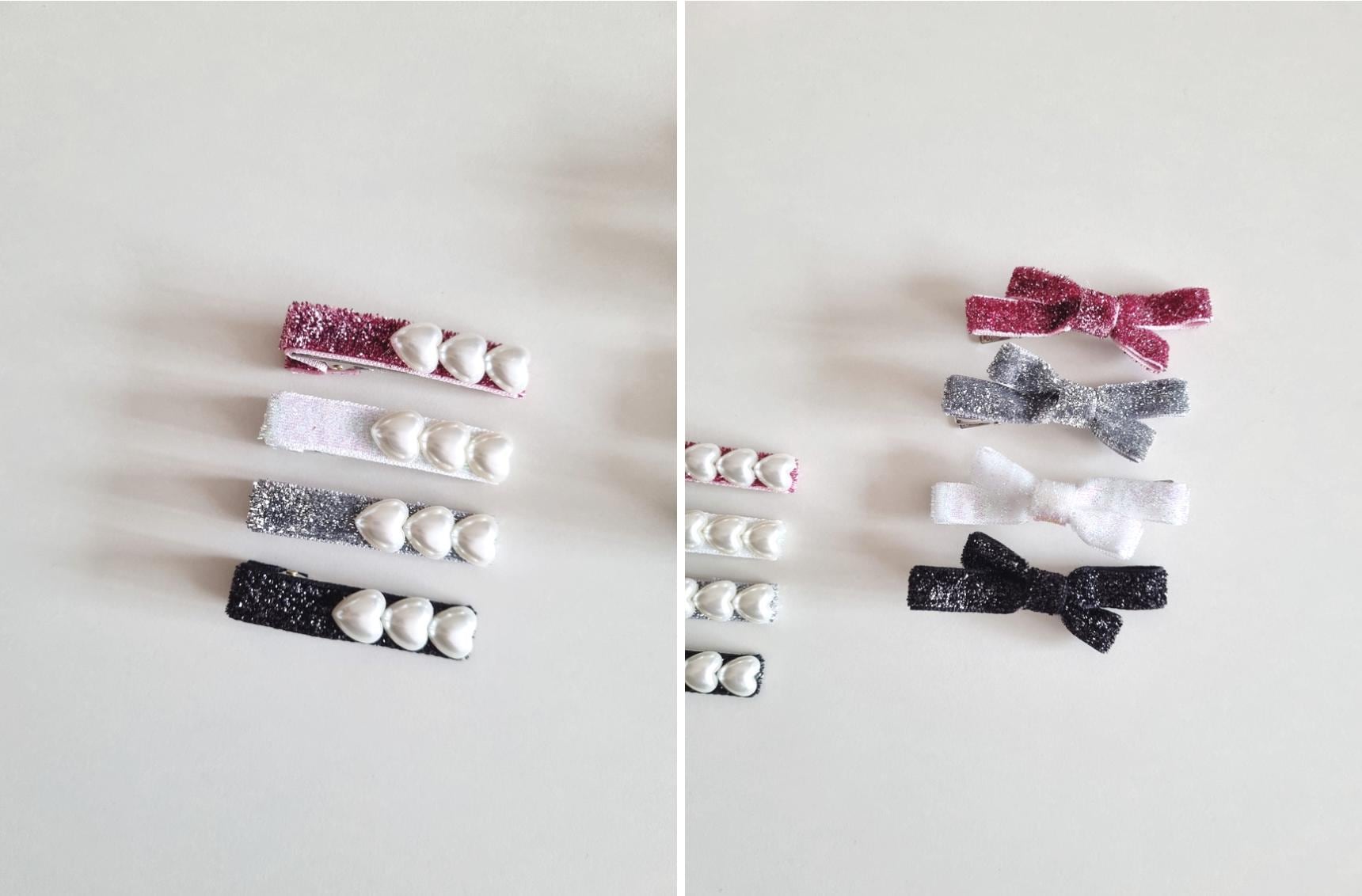 Glitter Bow & Pearl Hair Clip Set – 2 Pieces diagonal asymmetrical pigtail mom and girl [with Pinkluvme]