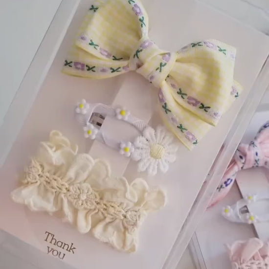 Gingham Garden Double Bow Hair Clip checkered pink orange red yellow purple Korean handmade pastel ribbon nickel free [with Pinkluvme]